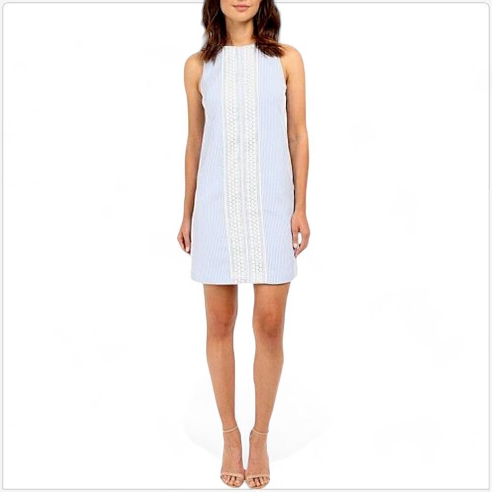 London Times Blue White Crochet Lace Panel Seersucker Stripe Shift Dress Size 8